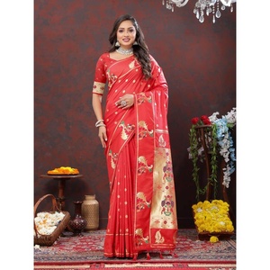 DESIGNER PAITHANI SILK SAREE WITH UNSTITCHED <b>BLOUSE</b> <b>RED</b> - Product Image 1