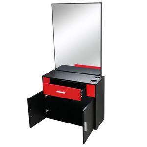 Mobile da Salone con 1 Cassetto e 1 Anta con Specchio, in Truciolato E0 15% Rivestito in Lino, Nero e Rosso - Product Image 6