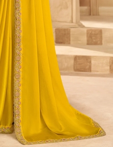 KV Women's Embroidered Designer Bollywood Silk <b>Satin</b> <b>Saree</b> with Reversible Wrinkle-Free Unstitched Blouse (Yellow) - Product Image 3