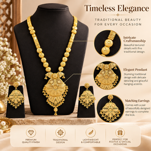 Parure de collier long en laiton et cuivre antique, avec pendentif éventail et boucles d'oreilles, finition or 24K, bijoux de mariage indiens pour femmes - Product Image 5