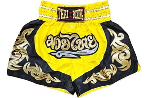 Thai Boxing <b>Shorts</b> <b>Men</b> Yellow Black Satin Embroidered High Waist Sporty Muay Thai Fight Wear - Product Image 1