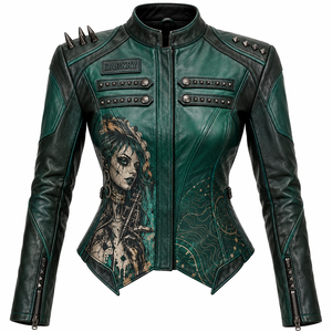 Chaqueta de Cuero Genuino Verde Oscuro para Mujer, Estilo Motero, con Estampado Gráfico Personalizado, Correa en el Pecho y Tachuelas, Servicio de Fábrica OEM - Product Image 1
