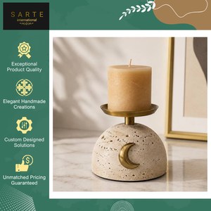 Meilleur porte-bougie en pierre de travertin fait main, moderne et luxueux, avec accent lune en laiton, pièce maîtresse pour hôtels - Product Image 6