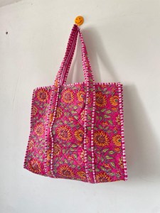 Bolso Tote de Algodón Acolchado con Estampado Floral Rosa Bohemio, Bolso de Compras Casual Abierto con Estampado a Mano para Mujer - Product Image 1