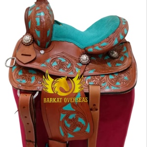 Custom Kids Brown Tooled Turquoise inlay Genuine Leather Western Horse Saddle for kids Portable Riding durable comfy seat - Product Image 1