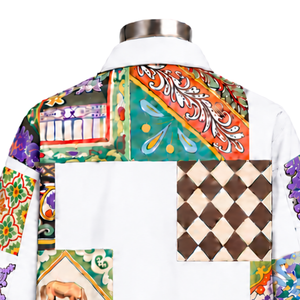 Chaqueta Blanca con Diseño de Mosaico, Estampado Floral Artístico, Estilo Casual con Botones, Manga Larga, Ropa de Calle, Moda, Venta al Por Mayor - Product Image 4
