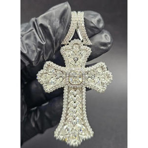 Exclusive Iced Out Christian Cross Pendant with <b>Large</b> Moissanite Diamond Stones and Hip Hop Chain Charm - Product Image 1