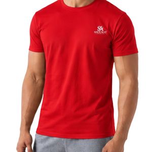 เสื้อยืดคอกลมแขนสั้นลำลองสีแดงสำหรับผู้ชาย เสื้อยืดคลาสสิกใส่สบายสำหรับทุกวัน เสื้อยืดเปล่า OEM ขายส่งเสื้อผ้า - Product Image 3
