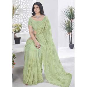 Sari Largo de Seda para Mujer, Diseño de RV Creation, para Fiestas, con Bordado de Hilo Rosa, Aspecto Elegante - Product Image 5