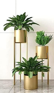 ขาตั้งกระถางต้นไม้โลหะทรงสูง พร้อมกระถาง สำหรับใช้ภายในและภายนอกอาคาร ขาตั้งกระถางต้นไม้ทรงสูงทันสมัย สีทอง ชุด 2 ชิ้น - Product Image 3