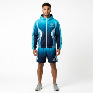 Wholesale Unisex Polyester/Nylon Lightweight Loose Fit Hooded Tracksuit <b>Zip</b> Jacket Elastic Waist <b>Shorts</b> Heat-Transfer Printing - Product Image 3