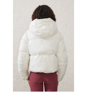 Hooded <b>Puffer</b> <b>Jacket</b> <b>White</b> Solid Color Zipper Closure Windproof Casual Winter Outerwear Short Length Polyester Material - Product Image 2