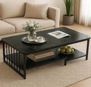 Table basse rectangulaire en marbre noir avec cadre latéral en métal à lattes et étagère inférieure, disponible à prix de gros. - Product Image 1