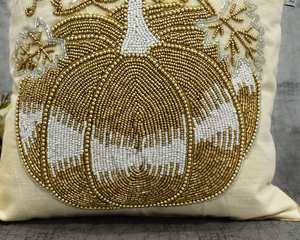 Funda de Cojín Decorativa de Lujo con Bordado de Cuentas y Patrón de Calabaza, de Algodón, Hecha a Mano, con Cierre de Cremallera para Sofá - Product Image 6