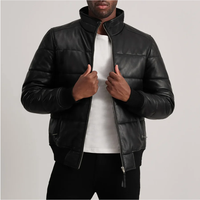 Blouson matelassé en cuir véritable noir pour homme, col rond, fermeture éclair, coupe-vent, hiver, coupe ajustée, séchage rapide, style motard, nylon