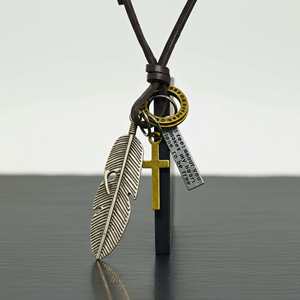 Silver Feather of Faith 2-Inch Stainless Steel Pendant with Adjustable Leather <b>Rope</b> for Men and Boys - Product Image 2