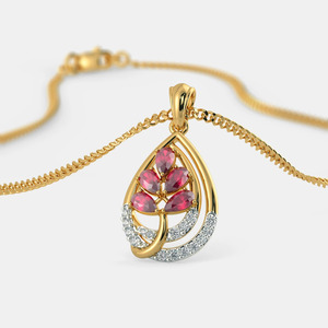 Collar con Colgante de Diamante Cultivado en Laboratorio en Forma de Lágrima y Hoja de Rubí en Oro Amarillo - Product Image 6