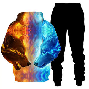 Conjunto de Sudadera con Capucha y Pantalón Deportivo de Dos Piezas con Estampado de Lobo por Sublimación Personalizada para Hombre, 100% Poliéster, Transpirable, Ligero, Ropa de Invierno - Product Image 2