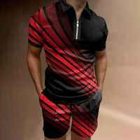 Ensemble polo et short pour homme, rayé rouge et noir, col zippé, style décontracté estival, imprimé, style streetwear, séchage rapide, polyester et élasthanne, tricoté