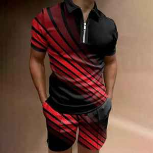 Ensemble polo et short pour homme, rayé rouge et noir, col zippé, décontracté, été, séchage rapide, polyester et élasthanne, tricoté - Product Image 3