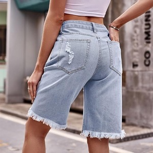 Women's Light Blue Dark Blue Black White Grey <b>Boot</b> Cut Knee-Length Vintage Cotton Denim Shorts - Product Image 2