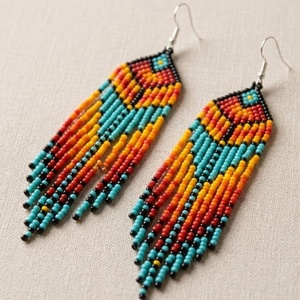 Boucles d'oreilles vintage bohèmes à pampilles en perles de rocaille, faites à la main, tissées, colorées, longues, avec perles arc-en-ciel pour la création de bijoux - Product Image 1