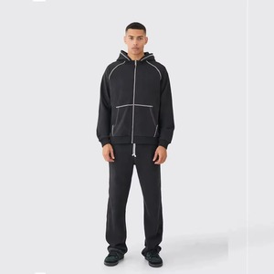 Conjunto de Sudadera con Capucha Negra y Pantalones Deportivos para Hombre, Diseño Color Block, Tejido de Felpa, Casual, Ecológico, 100% Algodón, Ropa de Invierno - Product Image 1