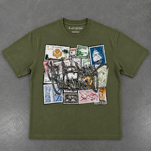 Camiseta Extra Grande con Diseño Personalizado para Hombre, Estampado de Sellos Postales Vintage, Algodón Grueso, Estilo Urbano Informal, OEM ODM - Product Image 6