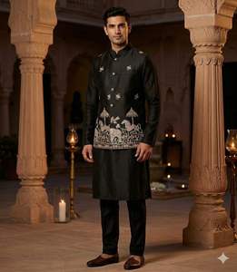 Kurta Pyjama en Soie Premium pour Homme avec Koti Brodé (Veste Nehru) – Vêtements Ethniques de Créateur pour Mariages et Cérémonies - Product Image 6