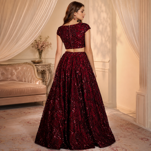 Luxury Maroon Embroidered <b>Sequin</b> Lehenga Choli Designer Indian Wedding Party Wear Ethnic Traditional Women Bridal Festive Outfit - Product Image 5