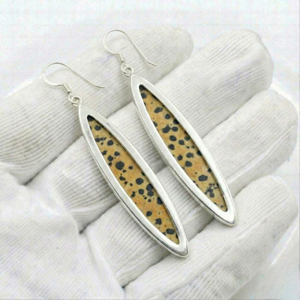 Boucles d'oreilles pendantes en argent sterling 925 faites à la main avec serti clos, motif cheval sauvage et jaspe dalmatien, longues gouttes de pierres précieuses marquise - Product Image 4