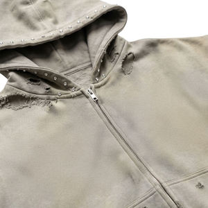 Sweat à capuche zippé oversize pour homme en polaire, style vintage vieilli, avec strass, poche unie, écologique, streetwear décontracté - Product Image 4