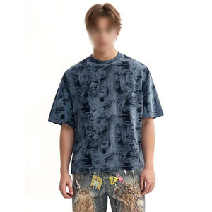 Camiseta Gráfica de Mezcla de Seda/Algodón para Hombre, Estilo Vintage, Denim Desgastado, Corte Holgado, Oversize, Ecológica - Product Image 1