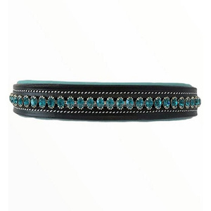 Bande de front de cheval en cuir marron noir avec coutures contrastées de forme droite faite à la main de conception supérieure avec bling décoratif en cristal sarcelle - Product Image 6