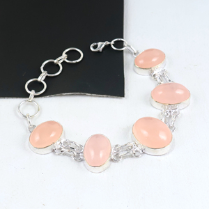 925 Sterling Silver Plated Rose Quartz Link <b>Bracelet</b> Handcrafted Natural Gemstone Oval Stone Chain <b>Bracelet</b> Jewelry for Women - Product Image 5