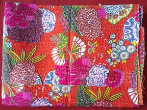 Colcha Kantha Naranja Hecha a Mano, Colchas Kantha Vintage de Algodón Estampado, Manta Orgánica 100% Algodón Hecha a Mano para Uso en el Hogar y Hoteles - Product Image 3