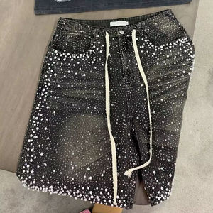 Shorts en jean unisexe taille haute, coupe droite, tissé, délavé vintage, respirant, idéal pour l'été - Product Image 2