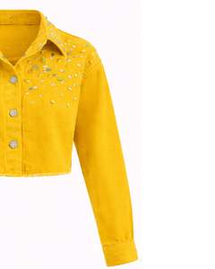 Chaqueta Vaquera Corta para Mujer en Color Amarillo Mostaza, con Cierre de Botones Frontales con Pedrería, Manga Larga, Estilo Urbano - Product Image 4