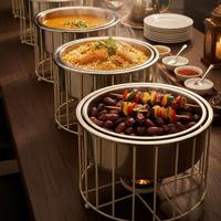 Plat de service rond de luxe doré avec découpe calligraphique arabe, support en acier inoxydable, chauffe-plat de buffet avec couvercle en dôme, unité individuelle