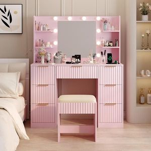 Set Toeletta Rosa in Truciolato con 7 Cassetti, 4 Ripiani, 10 Lampadine Tricolore e Griglia Multipresa per Trucco - Product Image 1