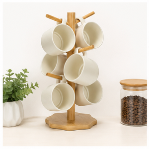 Premium Natural Mug Tree Holder Stand With 6 Hooks Eco-Friendly Coffee Cup Organizer & Tea Cup <b>Drying</b> <b>Rack</b> For Kitchen <b>Rack</b> - Product Image 2