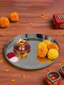 <b>Decorative</b> Brass Pooja Thali Set Designer Finish Puja <b>Plate</b> with Diya Bell Kalash Home Temple Decor Festive Gift - Product Image 6