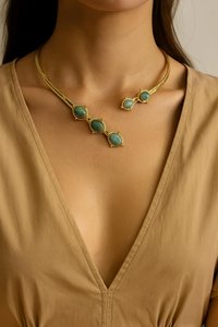 Malachite Gemstone Choker Bohemian Brass Gold Tone Statement <b>Collar</b> for Women Brass Statement Choker Jewelry Handmade Party - Product Image 2