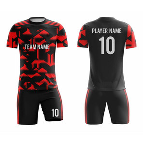 Conjunto de Camiseta de Fútbol Personalizada para Hombre, Negra y Roja con Estampado Geométrico, Sublimada, 100% Poliéster, Absorbente de Humedad, Manga Corta - Product Image 1