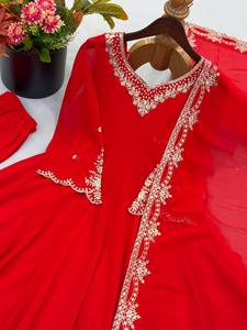 Traje Anarkali Rojo Bordado Hasta el Suelo con Dupatta, Vestido de Boda Tradicional Indio Pakistaní para Mujer, Corte Holgado, Poliéster - Product Image 6