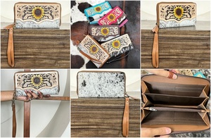 New Premium Pattern Vintage Western Sunflower Hand Tooled <b>Genuine</b> Cowhide Leather Wallet Wristlet Zipper Clutch for Ladies - Product Image 3