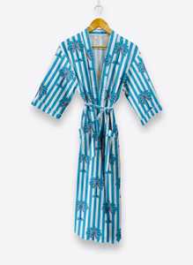 Bata de algodón con estampado de palmeras a rayas de 3 colores diferentes para mujer, ropa de dormir informal de verano de longitud completa, kimono con cuello en V y cordón - Product Image 3