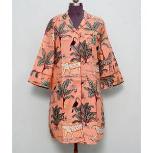 Camisa kimono de algodón hecha a mano con estampado de bloques, cuello en V, de secado rápido, manga larga, con estampado de animales/flora, para damas de honor. - Product Image 4