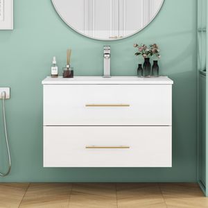 30-Inch White Gloss Wall-Mounted <b>Bathroom</b> <b>Vanity</b> with Double Drawers Ceramic Sink Long Metal Handle Easy Installation - Product Image 1