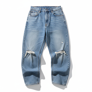 Customized Wholesale New Ripped Pants High Waist Ripped Straight Leg Denim <b>Jeans</b> Distressed Wash Cotton Casual Style <b>Button</b> <b>Fly</b> - Product Image 1